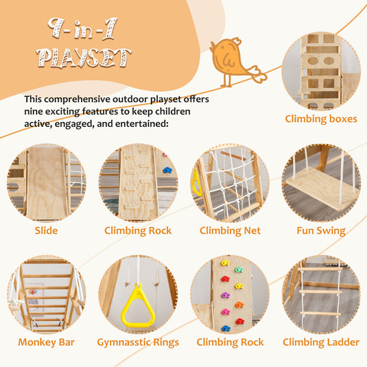 8-in-1 Indoor Wooden Climbing Playset & Playground for Kids