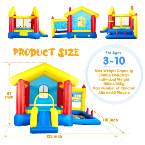 8-in-1 Inflatable Bounce House With Blower Basketball Stand Ocean Ball Throwing Ring Game Target And Sticky Ball Game For Kids